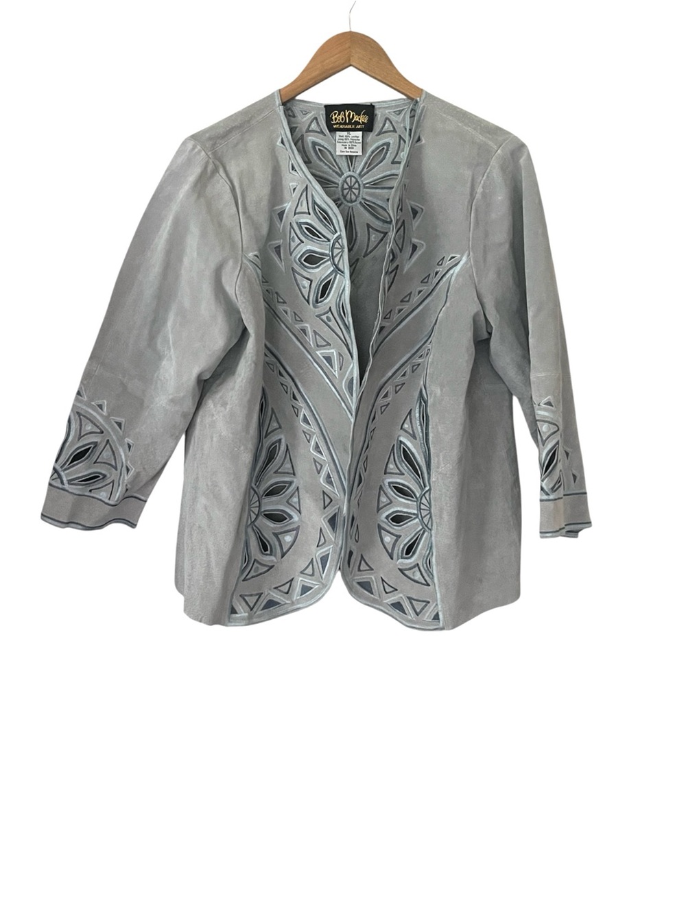 Bob Mackie Light Gray Suede Open Jacket with Laser-Cut Motif